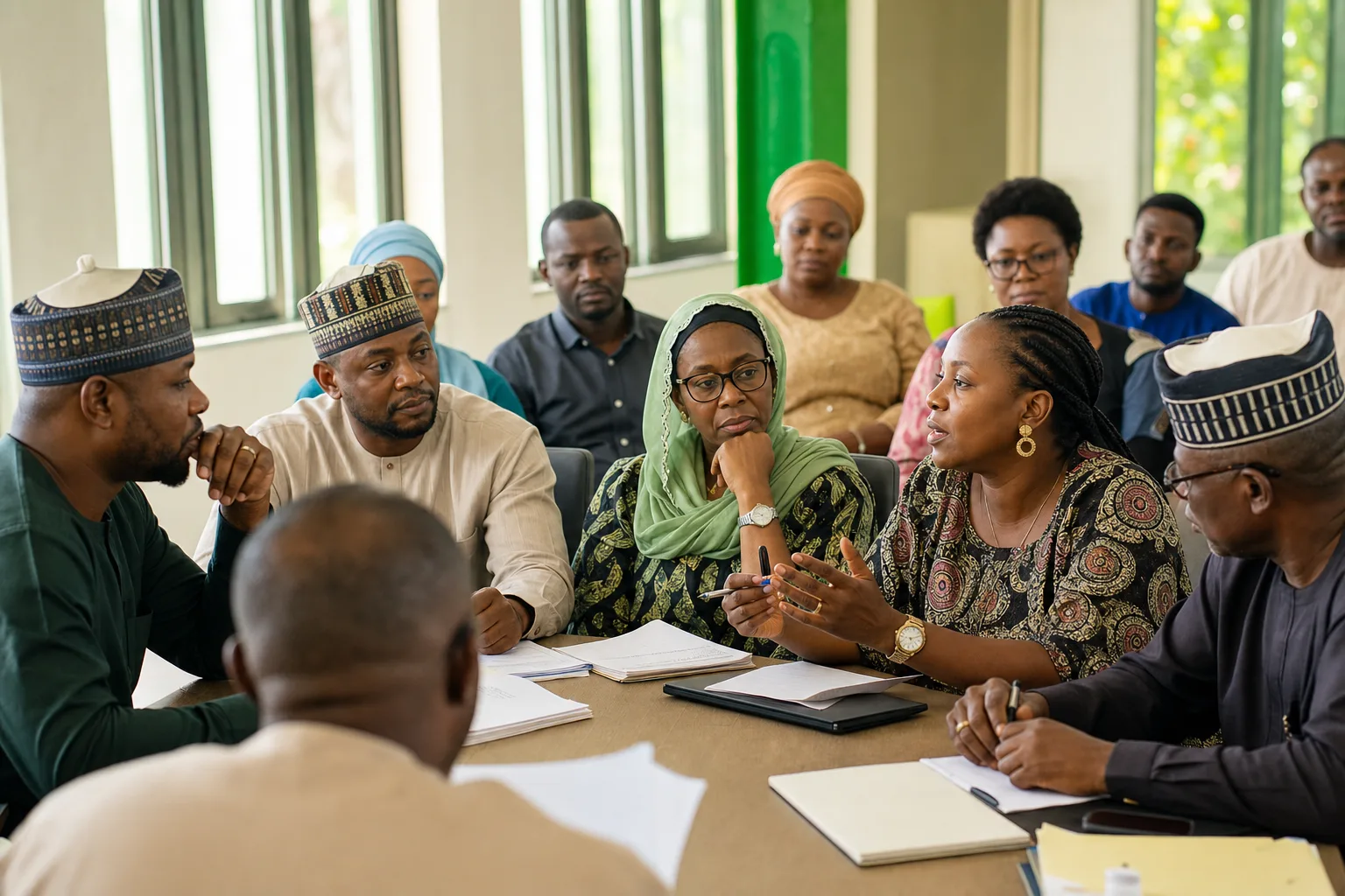 Nigerian constituents discussing representation and accountability at a community meeting